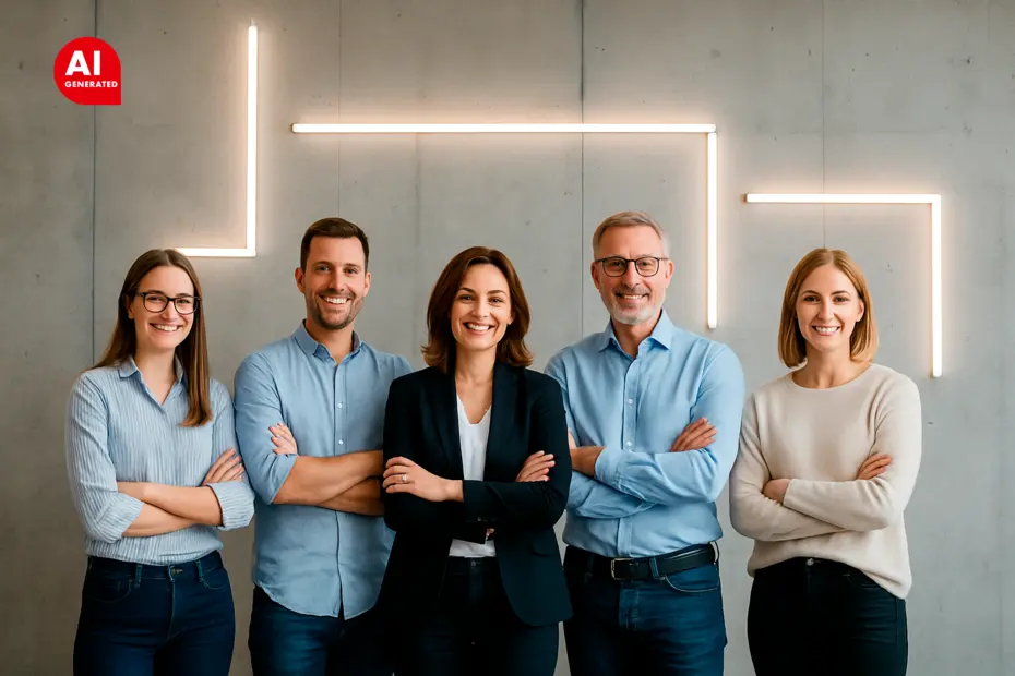 DWD Concepts Team vor einer Betonwand mit linearen LED-Leuchten, Gruppenaufnahme der Mitarbeitenden.