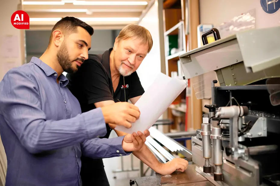 Mitarbeiter in der Produktion im Sägeraum, beim präzisen Zuschnitt von Materialien für Lichtsysteme.