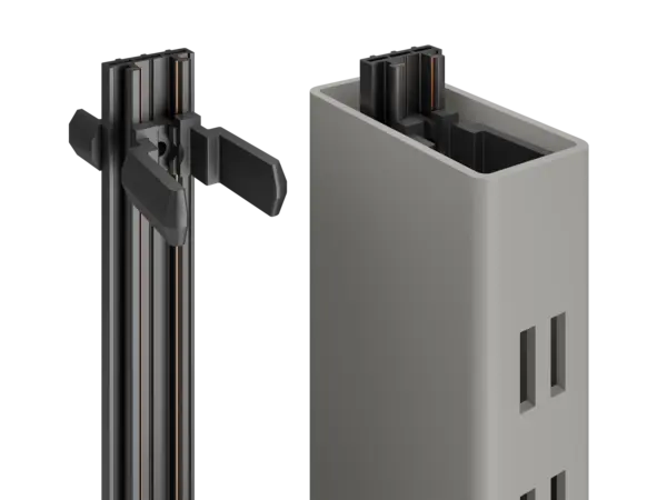 linke Abbildung: INWI Standard-Stromschiene mit Abstandshalter – rechte Abbildung: Stromschiene montiert in Regalsäule – flexible Stromschienenlösung von DWD Concepts