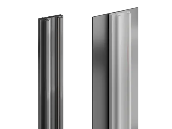 linke Abbildung: INWI X Line Stromschiene – rechte Abbildung: Stromschiene montiert in Regalrückwand – flexible Stromschienenlösung von DWD Concepts