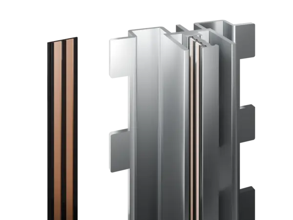 linke Abbildung: INWI Forris AS Stromschiene – rechte Abbildung: Stromschiene integriert im INWI Forris-Aluminiumträgersystem zur Aufnahme von Regalfachböden – flexible Stromschienenlösung vo