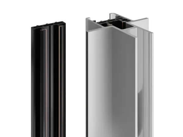 linke Abbildung: WA INWI Stromschiene – rechte Abbildung: Stromschiene integriert in das senkrechte Aluminiumträgersystem – flexible Stromschienenlösung von DWD Concepts