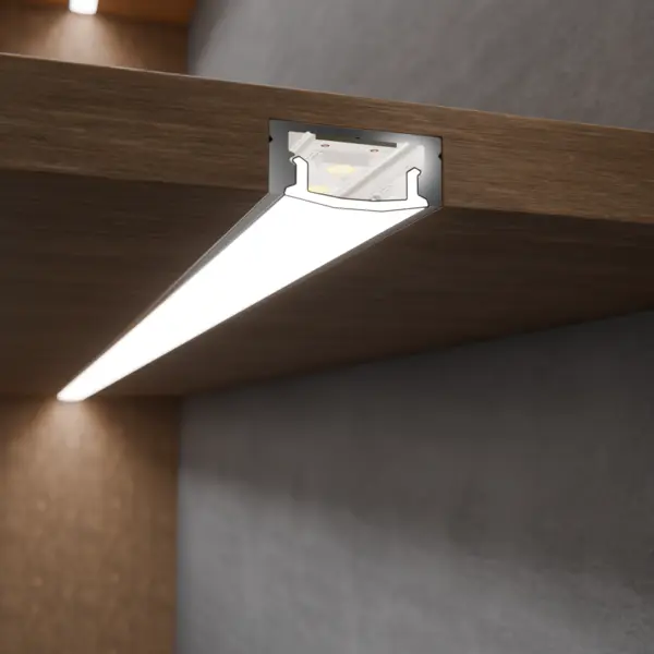 EinbausituatLED-Lichtleiste CALLU in integrierter Unterbaumontage im Holzfachboden – effiziente Beleuchtungslösung von DWD Conceptsion der LED-Lichtleiste CALLU – eingelassen in Holzfachboden