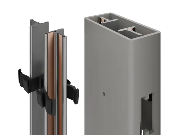 linke Abbildung: INWI Plus V2 Stromschiene – rechte Abbildung: Stromschiene integriert in der Regalsäule zur Aufnahme von Regalfachbödenträgern mit Direktkontaktierung – flexible Stromschiene