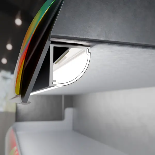 Eckprofilleuchte TITA im Metallregalfachboden – präzise LED-Regalbeleuchtung von DWD Concepts