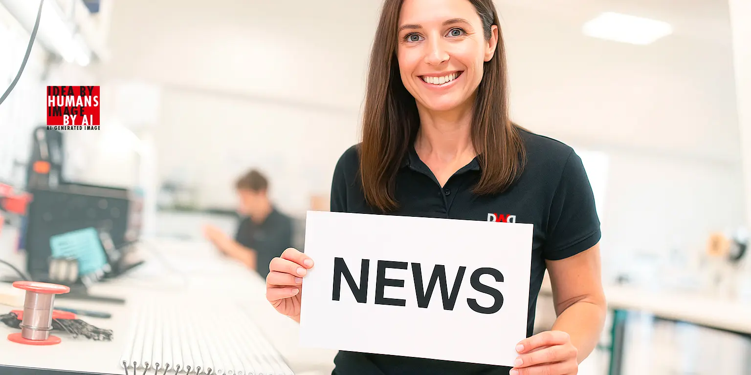 Produktionsmitarbeiterin hält ein Blatt Papier mit der Aufschrift „News“ und lächelt in die Kamera.
