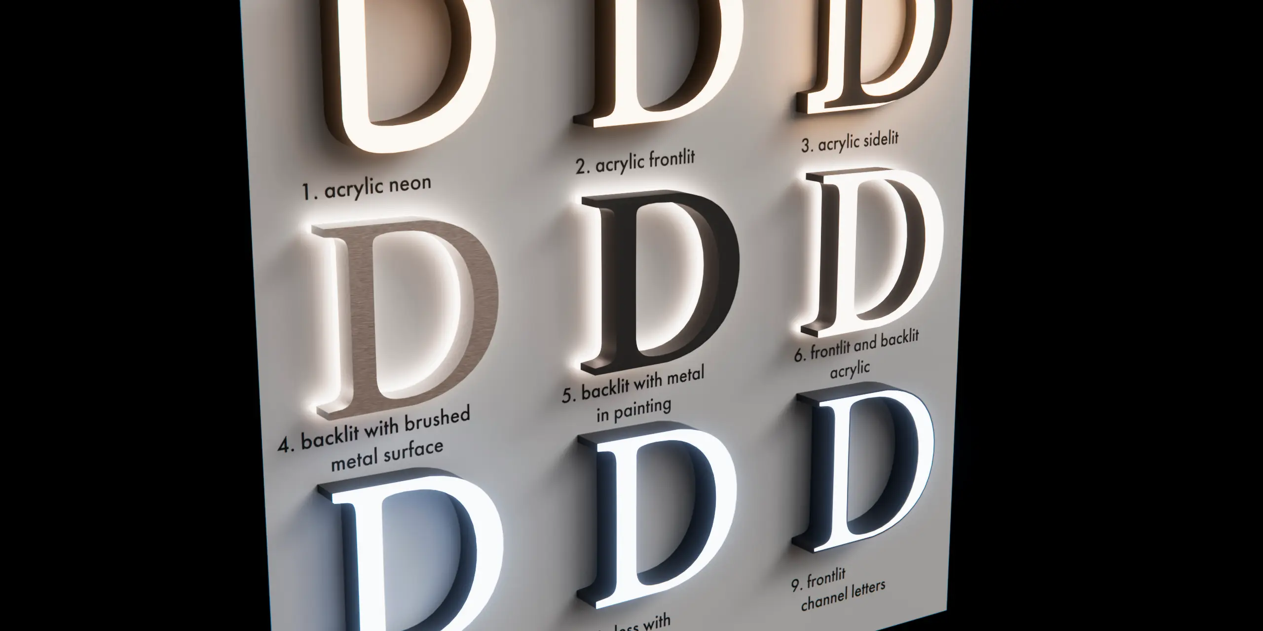 Verschiedene Ausführungen von Leuchtbuchstaben auf einer Musterwand präsentiert.Verschiedene Ausführungen von Leuchtbuchstaben auf einer Musterwand präsentiert.