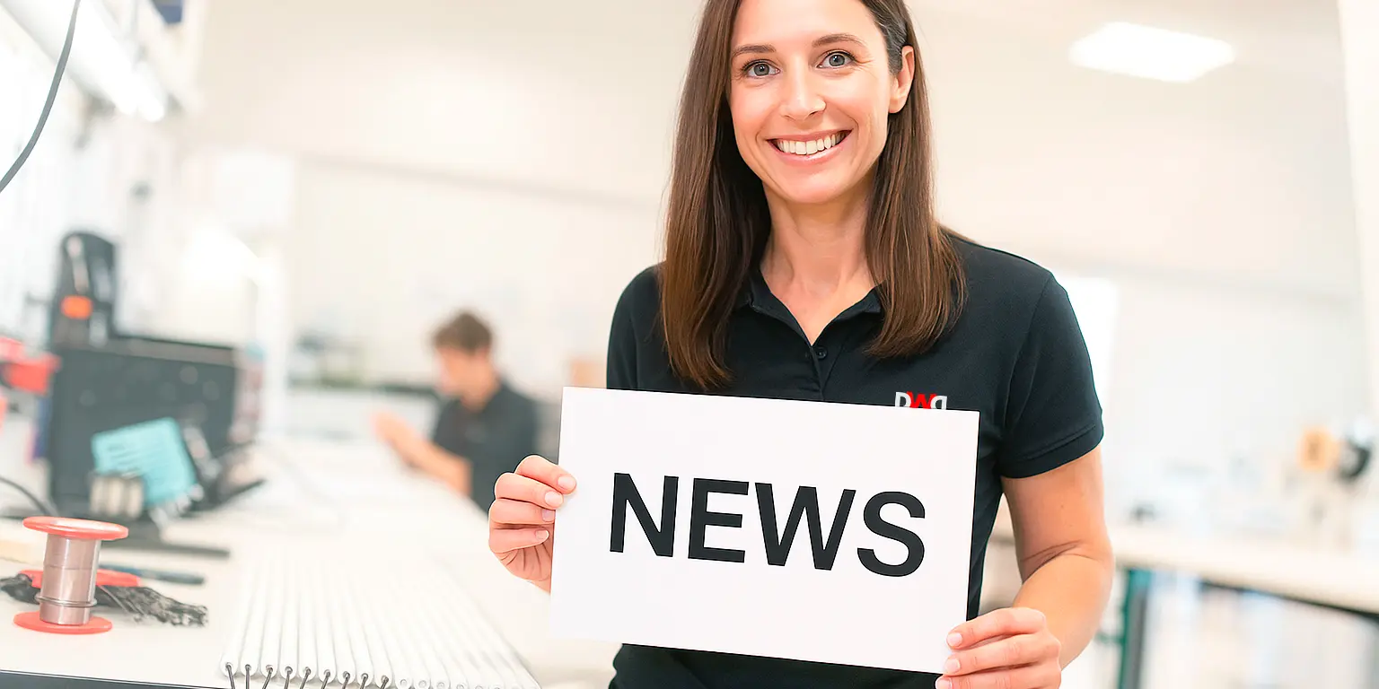 Produktionsmitarbeiterin hält ein Blatt Papier mit der Aufschrift „News“ und lächelt in die Kamera.