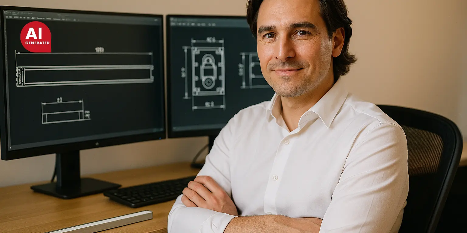 Konstrukteur am Arbeitsplatz, bei der technischen Planung und Entwicklung von Bauteilen.
