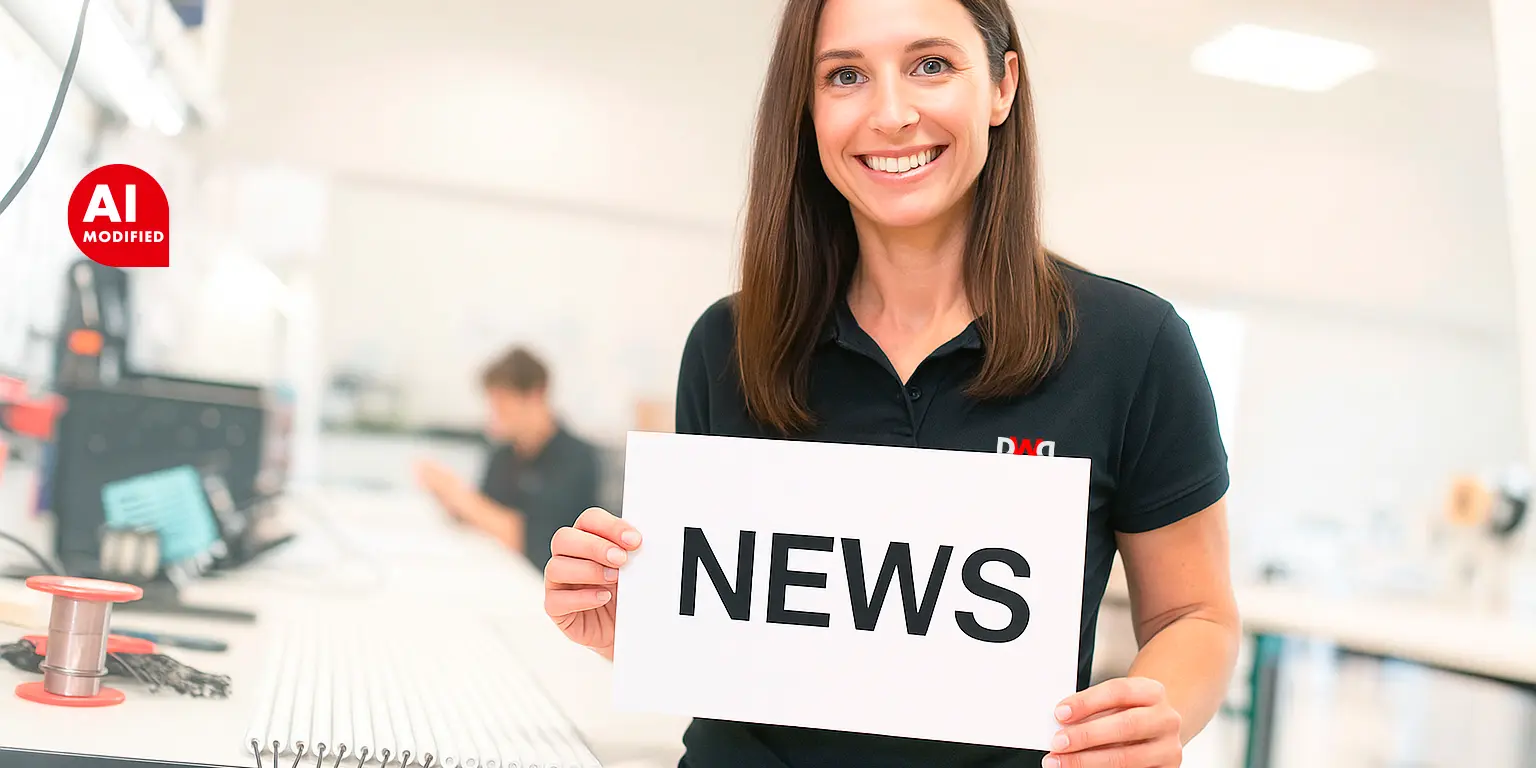 Produktionsmitarbeiterin hält ein Blatt Papier mit der Aufschrift „News“ und lächelt in die Kamera.