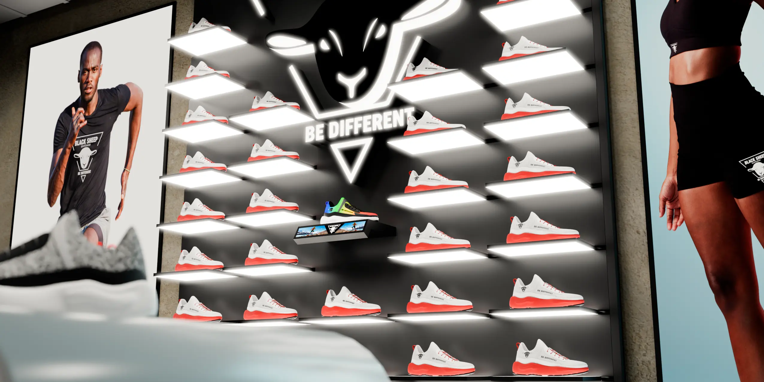 INWI Carry Lichtsystem zur Beleuchtung einer Sportschuhpräsentation im Sportladen.