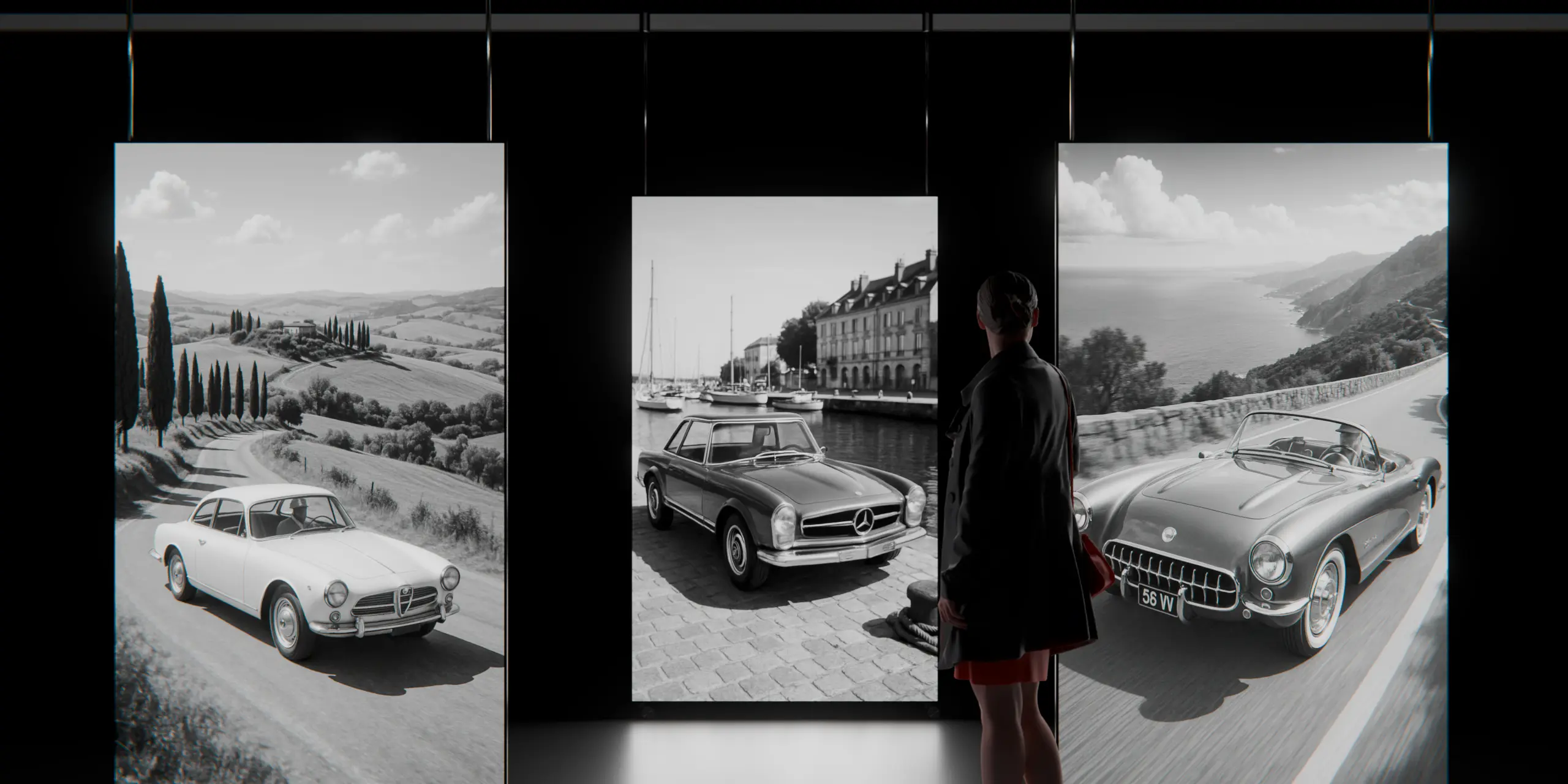 LED ACE Panel in hängender Ausführung, zeigt schwarz-weiße Oldtimer-Fotografien in einer Ausstellung.