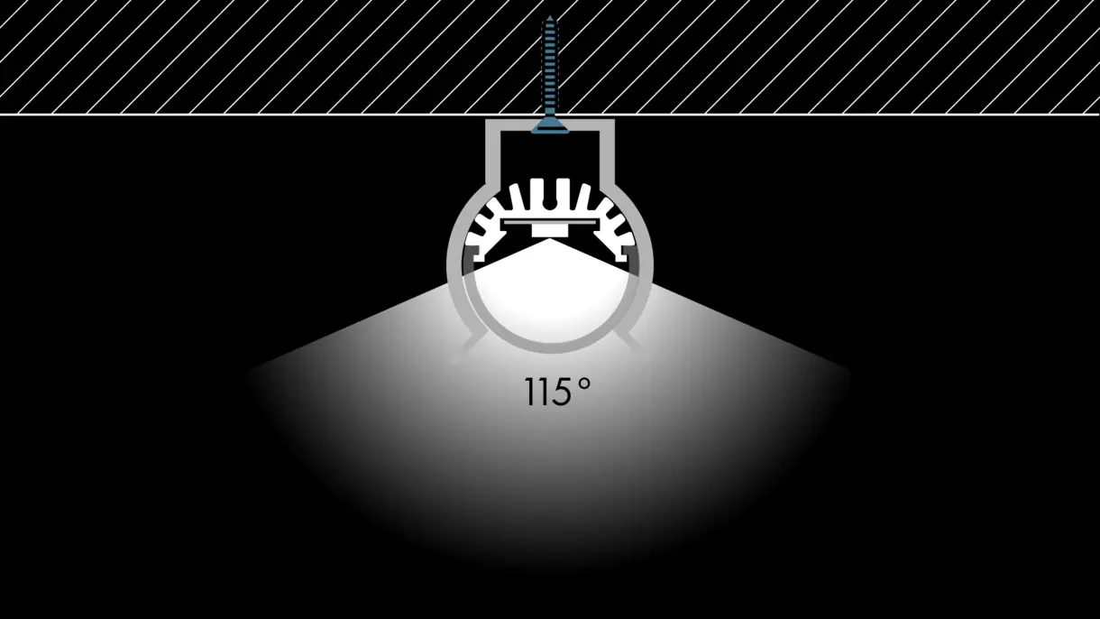 Querschnittszeichnung der LED-Lichtleiste GALLERY HP mit Federstahlclip-Montage und 150° Abstrahlwinkel – stabile Lichtlösung von DWD Concepts