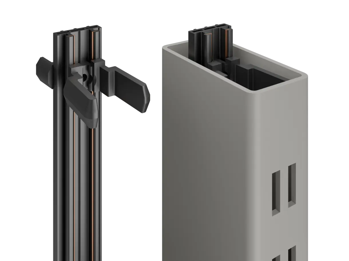 linke Abbildung: INWI Standard-Stromschiene mit Abstandshalter – rechte Abbildung: Stromschiene montiert in Regalsäule – flexible Stromschienenlösung von DWD Concepts