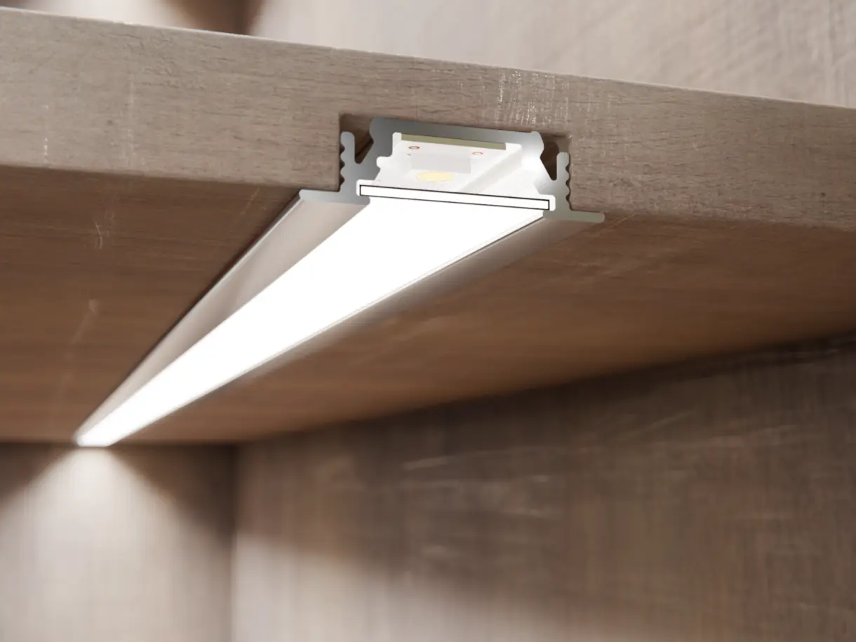 Einbausituation der LED-Lichtleiste COLLUDO – eingelassene Montage im Holzregal – elegante Lichtintegration von DWD Concepts