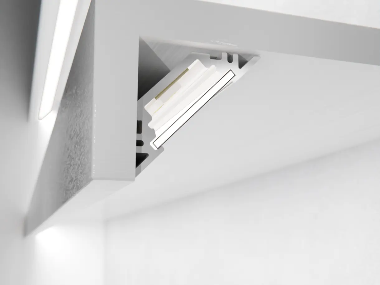 Eckprofilleuchte TRIGONA montiert am vorderen Regalfachboden – präzise und moderne LED-Regalbeleuchtung von DWD Concepts