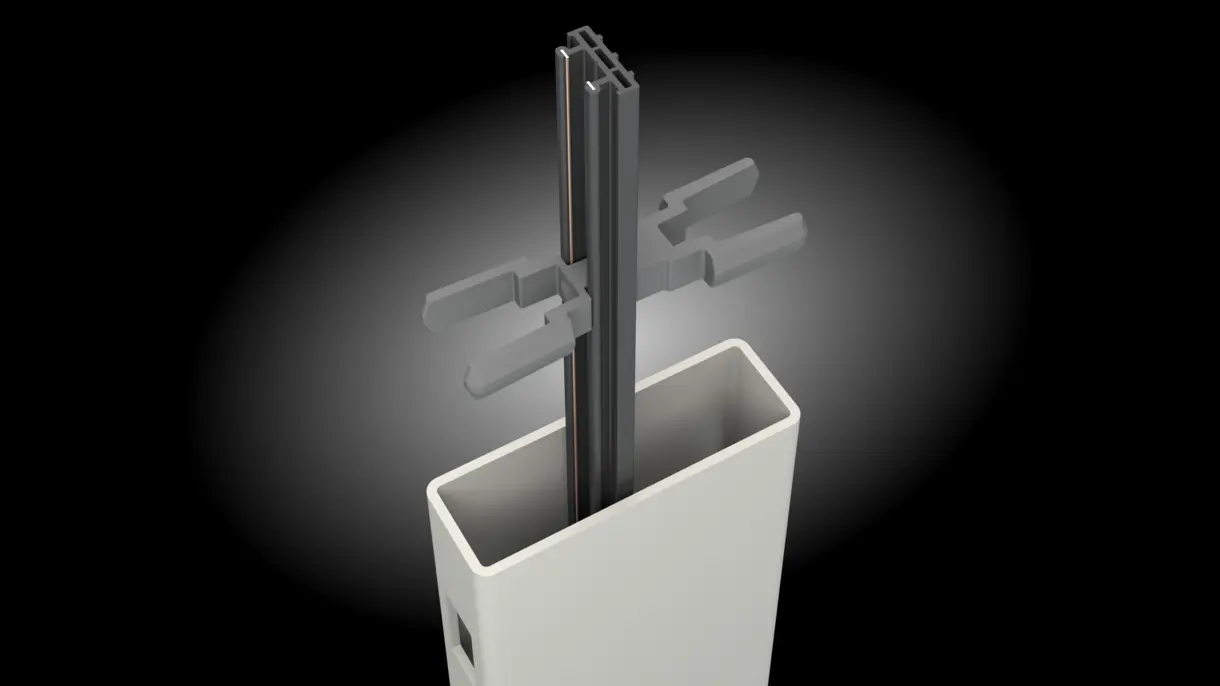 INWI Standard Stromschiene in Regalsäule 90 x 30 mm mit Abstandhaltern von DWD Concepts – dezente LED-Stromzufuhr für Möbel-, POS- und Messebau.