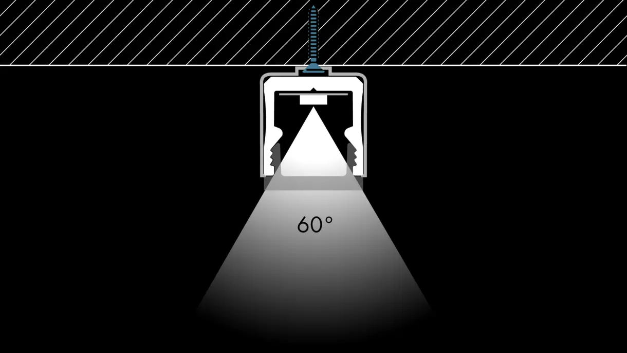 Querschnittszeichnung der LED-Lichtleiste RIPPS in Aufbaumontage mit 60° Abstrahlwinkel – präzise Lichtlösung von DWD Concepts