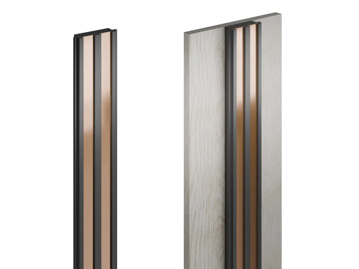 linke Abbildung: INWI X Woodline Stromschiene – rechte Abbildung: Stromschiene montiert in Regalrückwand – flexible Stromschienenlösung von DWD Concepts