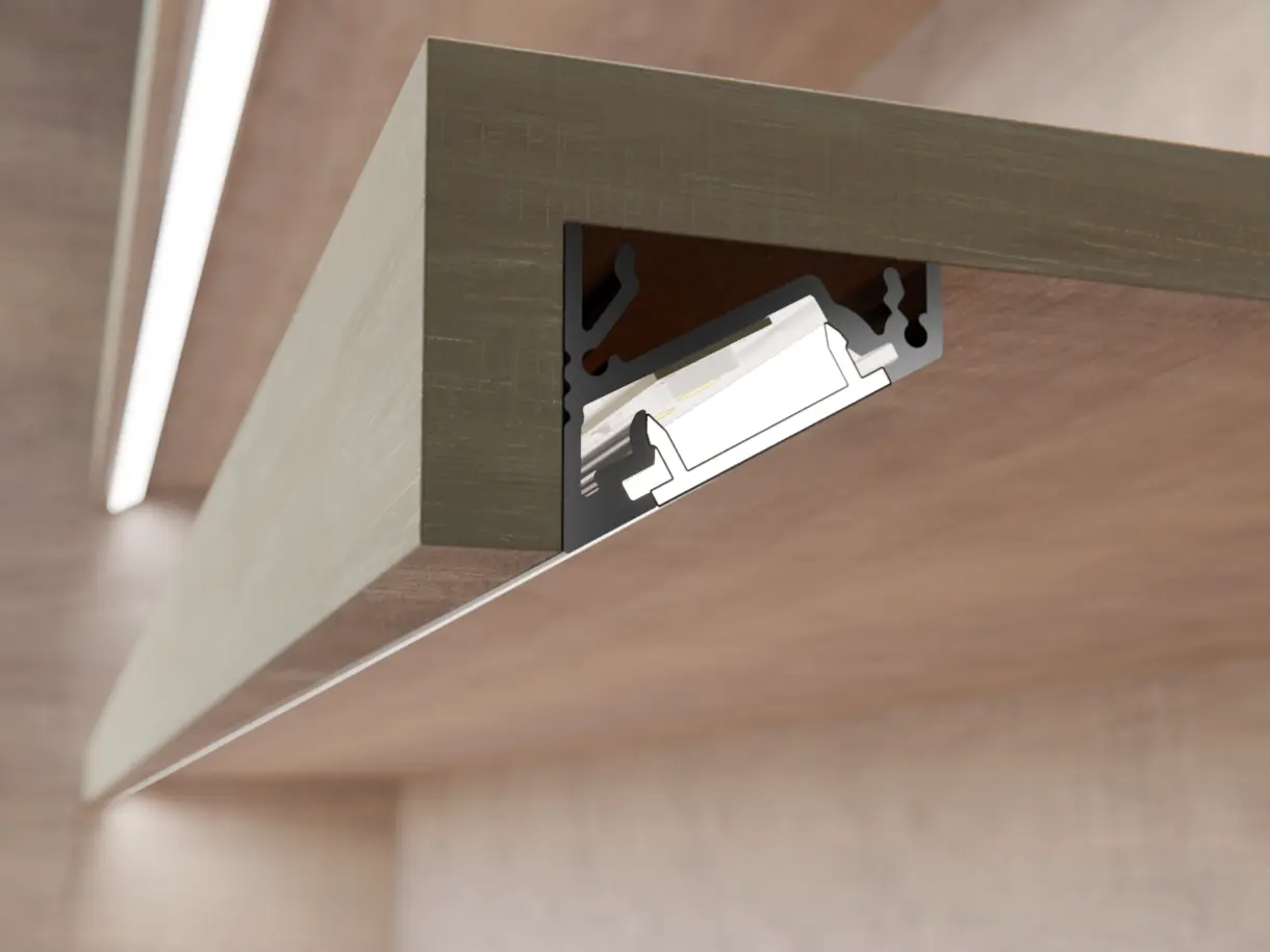 Eckprofilleuchte VERSURA montiert am vorderen Regalfachboden – moderne und präzise LED-Regalbeleuchtung von DWD Concepts