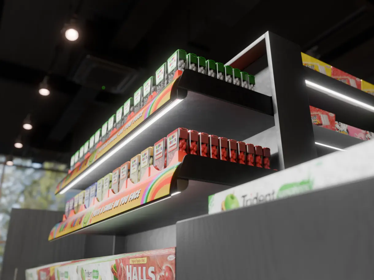 LED-Lichtleiste TITA im Kassenvorsatzregal – perfekte Beleuchtung von Süßwaren mit Lichtsystem von DWD Concepts