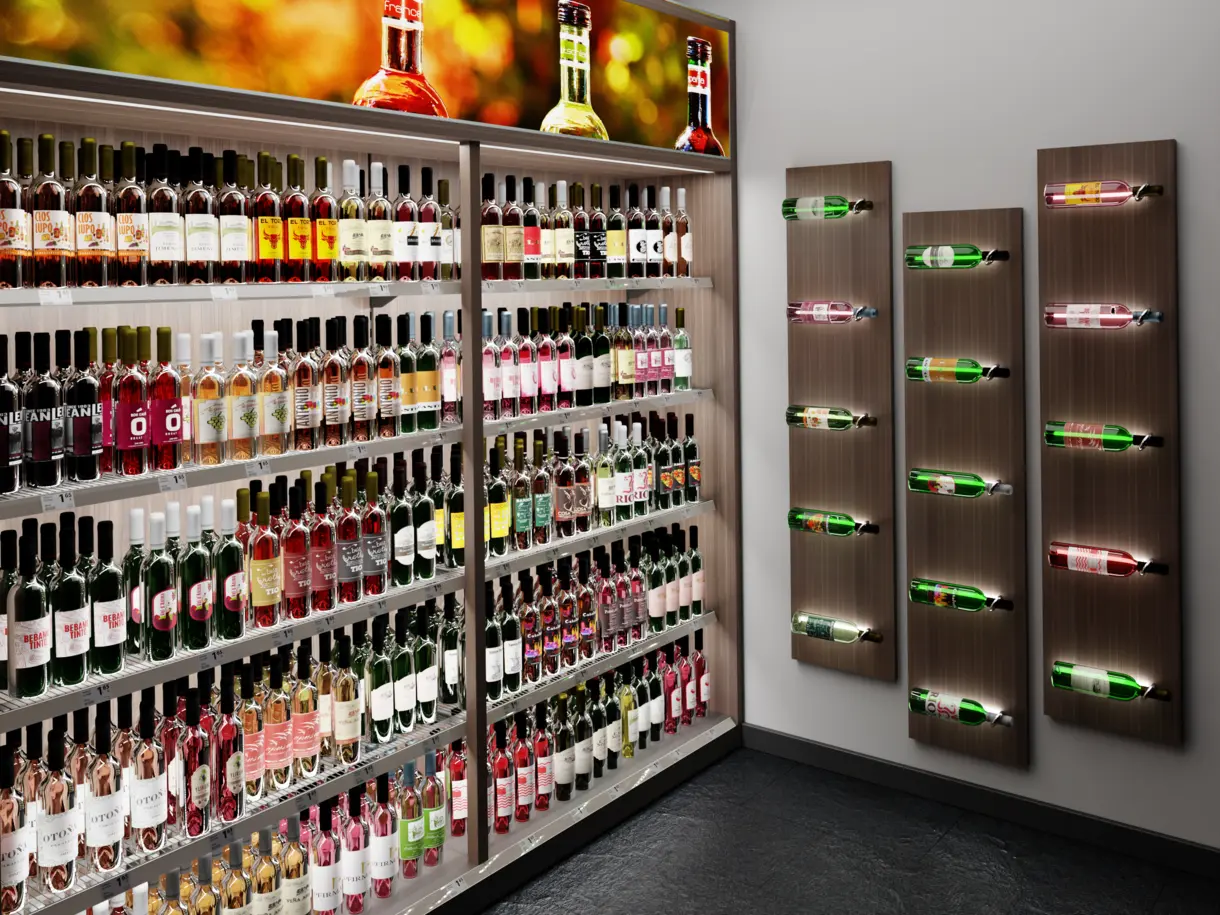 Einsatz der LED-Lichtleiste GALLERY im Verkaufsregal einer Weinfachhandlung mit Weinflaschen – stimmungsvolle Regalbeleuchtung von DWD Concepts