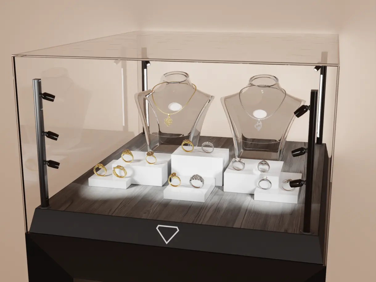 Anwendungsbeispiel der INWI Micro Vitrinenbeleuchtung mit aufgeständerten LED-Spots – präzise Lichtlösung von DWD Concepts