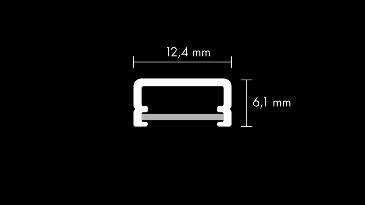 Querschnittszeichnung der LED-Lichtleiste TAURI mit Diffusor und Abmessungen – technische Darstellung von DWD Concepts