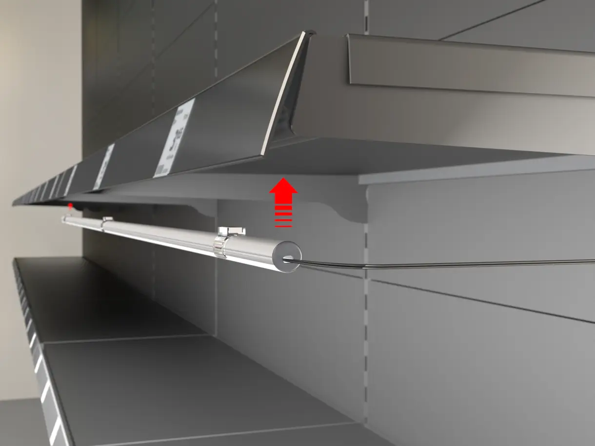 Montagesituation der LED-Lichtleiste GALLERY am Metallregal – effiziente Regalbeleuchtung von DWD Concepts