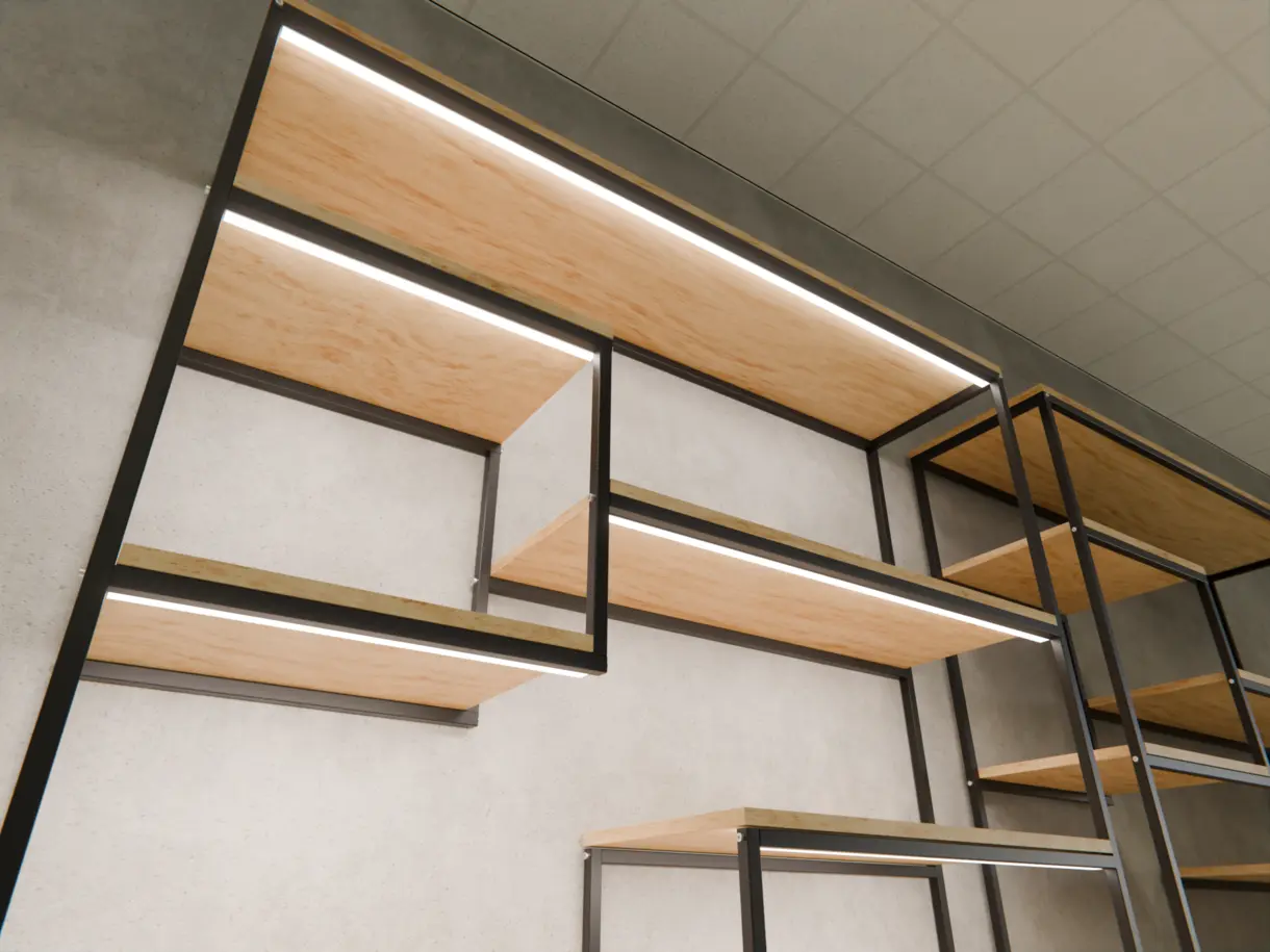 Montageposition der LED-Lichtleiste TITA L in einem Metallregal mit Holzböden – effiziente Regalbeleuchtung von DWD Concepts