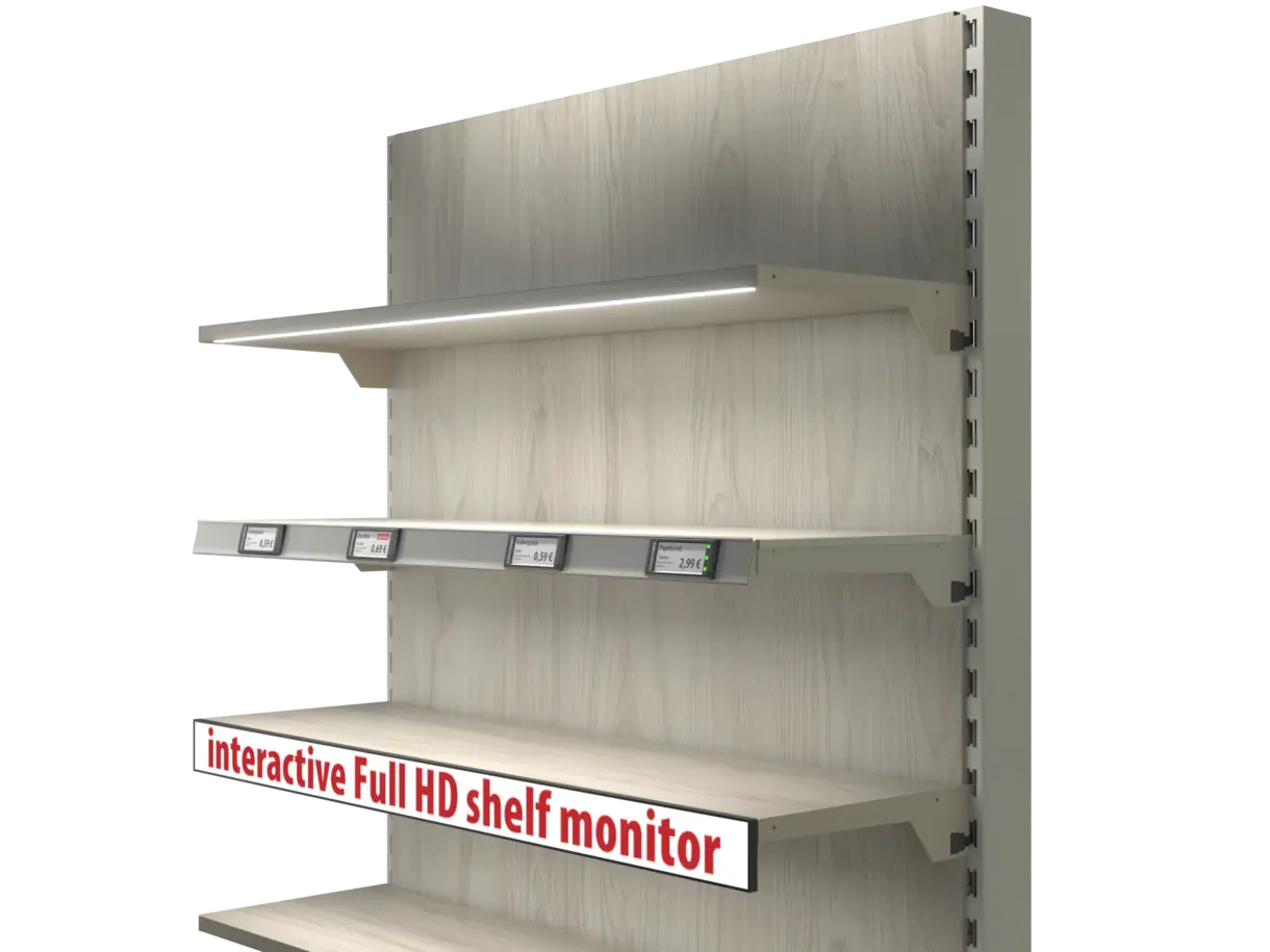 Beispielanwendung des INWI Plus V2 Stromschienensystems integriert ins Regalsystem – moderne Stromführungslösung von DWD Concepts