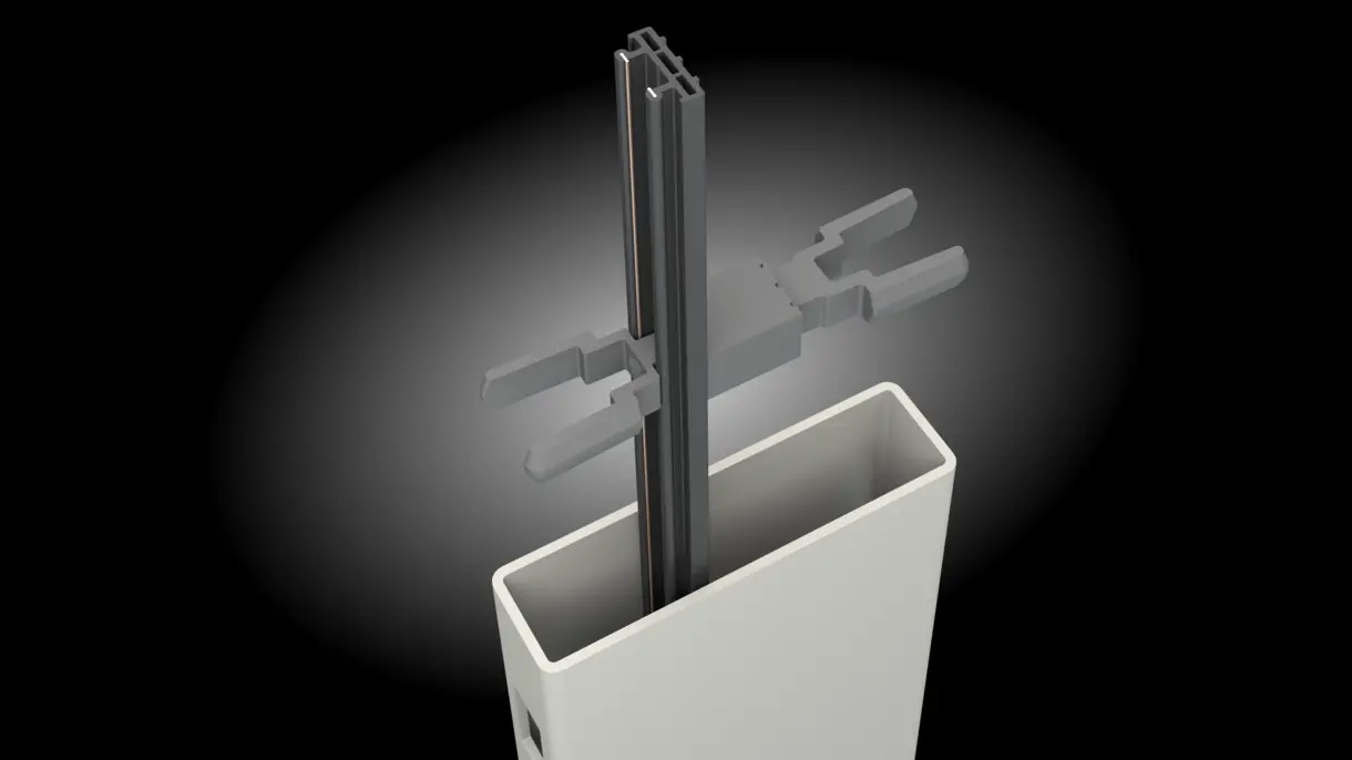 INWI Standard Stromschiene in Regalsäule 110 x 30 mm mit Abstandhaltern von DWD Concepts – integrierte LED-Stromzufuhr für präzise Lichtlösungen im Möbel- und POS-Bereich.