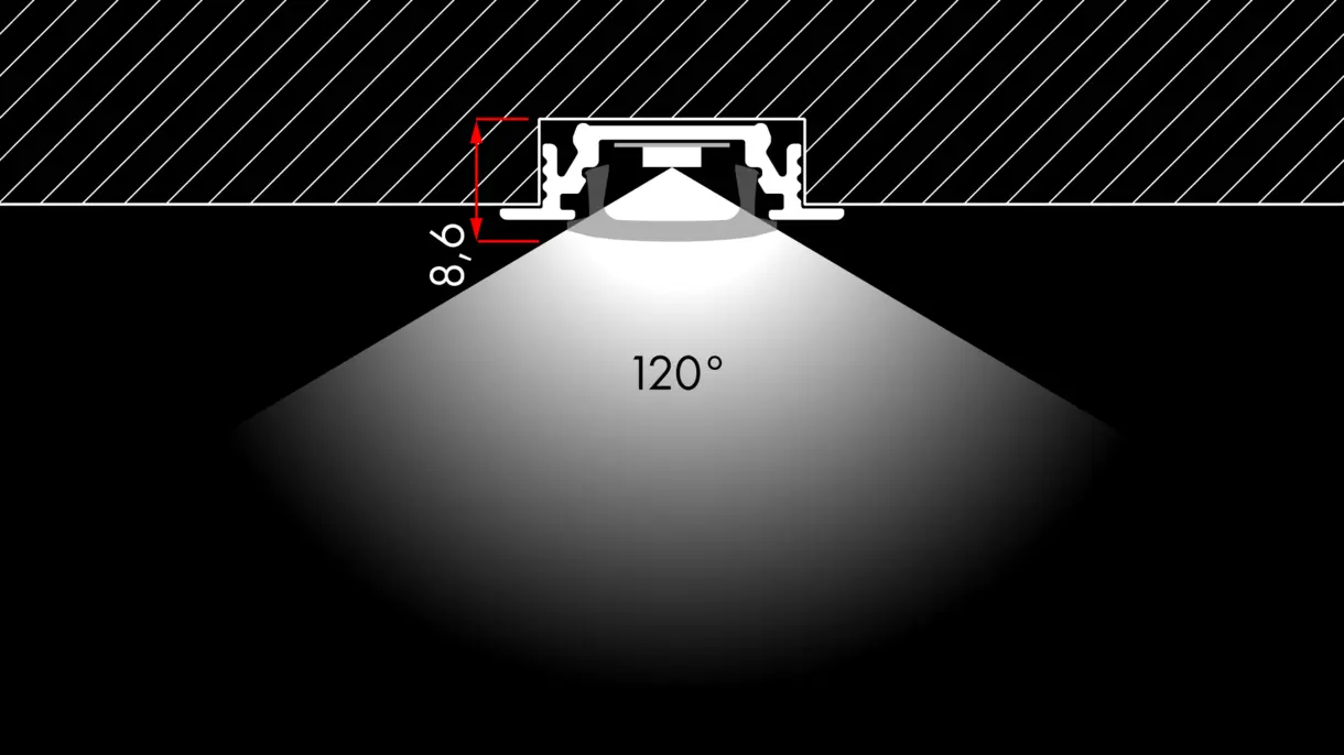 Querschnittszeichnung der LED-Lichtleiste COLLUDO mit Diffusor-Klick-System und 120° Abstrahlwinkel – modernes Lichtprofil von DWD Concepts