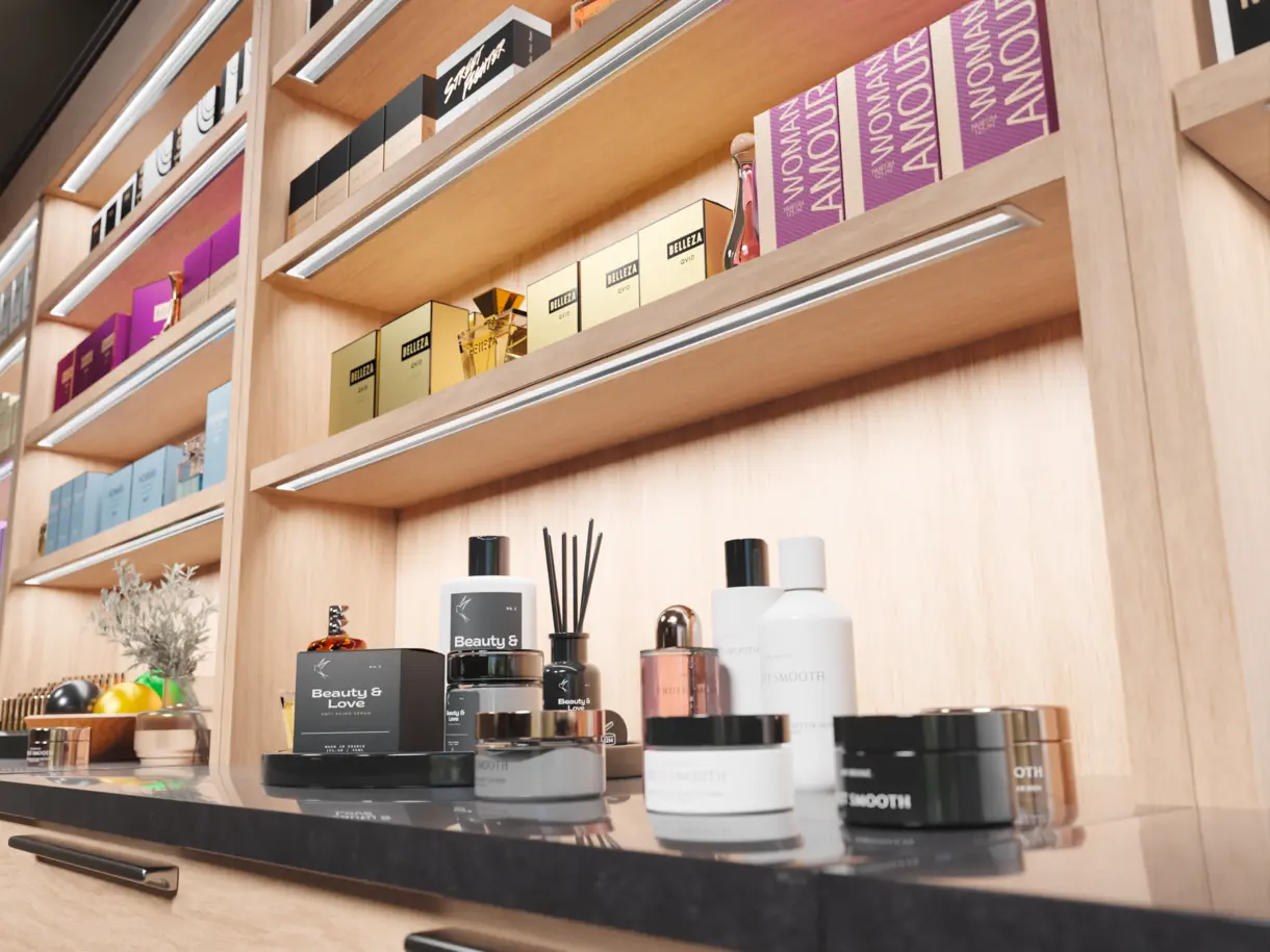 Einsatz der LED-Lichtleiste MINI SIRIUS in einer Parfümerie – dezente Produktbeleuchtung von DWD Concepts