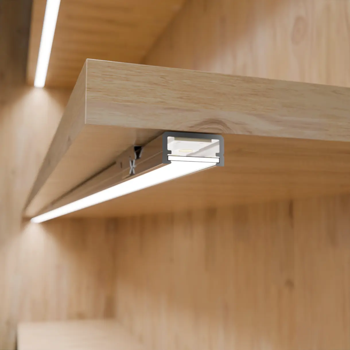 Einbausituation der LED-Lichtleiste TAURI – eingelassene Montage im Holzfachboden – präzise und dezente Beleuchtung von DWD Concepts
