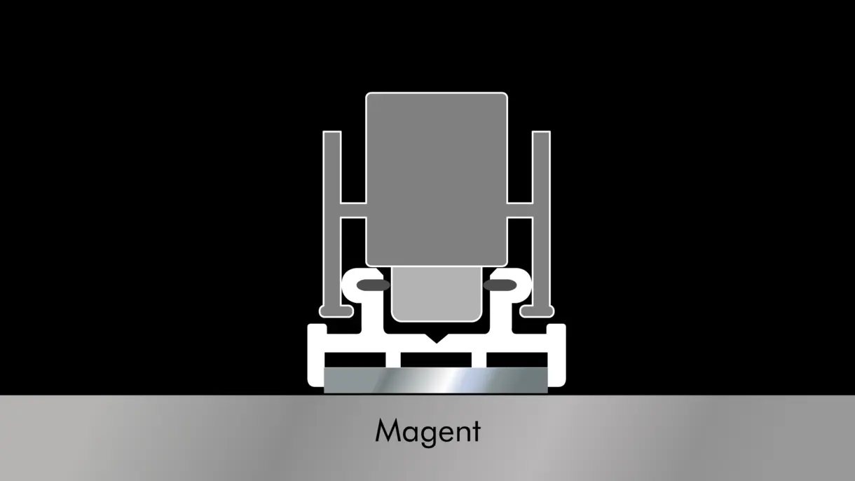 INWI X-line Stromschiene in magnetischer Montage mit aufgeclipptem Clamp Plug von DWD Concepts – flexible LED-Stromzufuhr für Möbel-, POS- und Messebau.