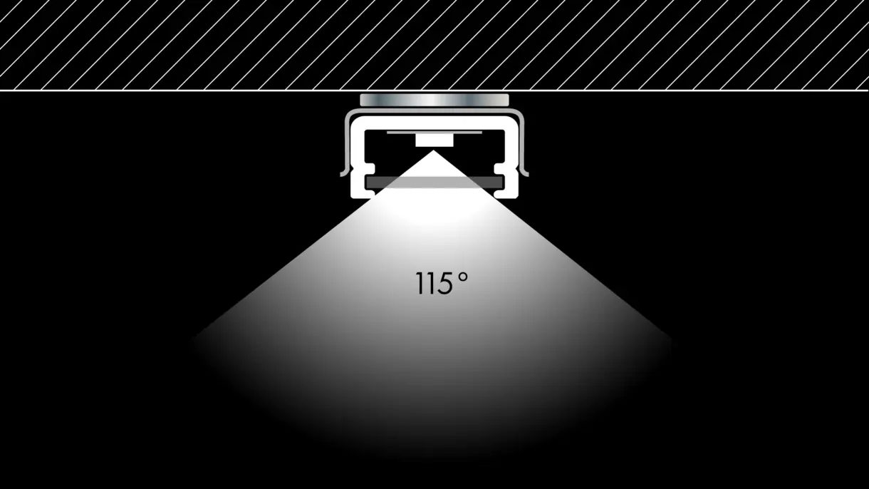 Querschnittszeichnung der LED-Lichtleiste TAURI in Aufbaumontage mit Federstahlclip und Magnet – flexible Lichtlösung von DWD Concepts