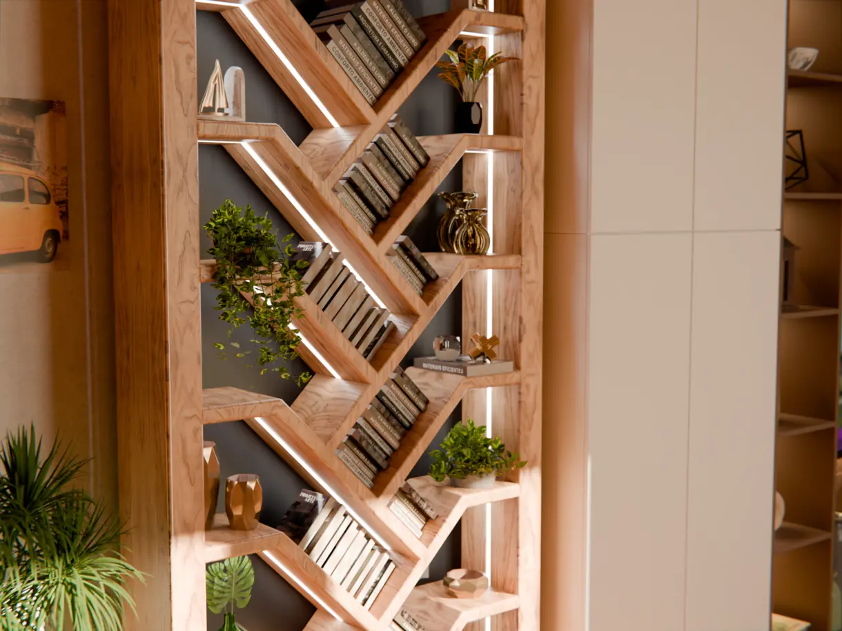 Einbaubeispiel der LED-Lichtleiste COLLUDO in Designerregal aus dem Wohnbereich – stilvolle Lichtintegration von DWD Concepts