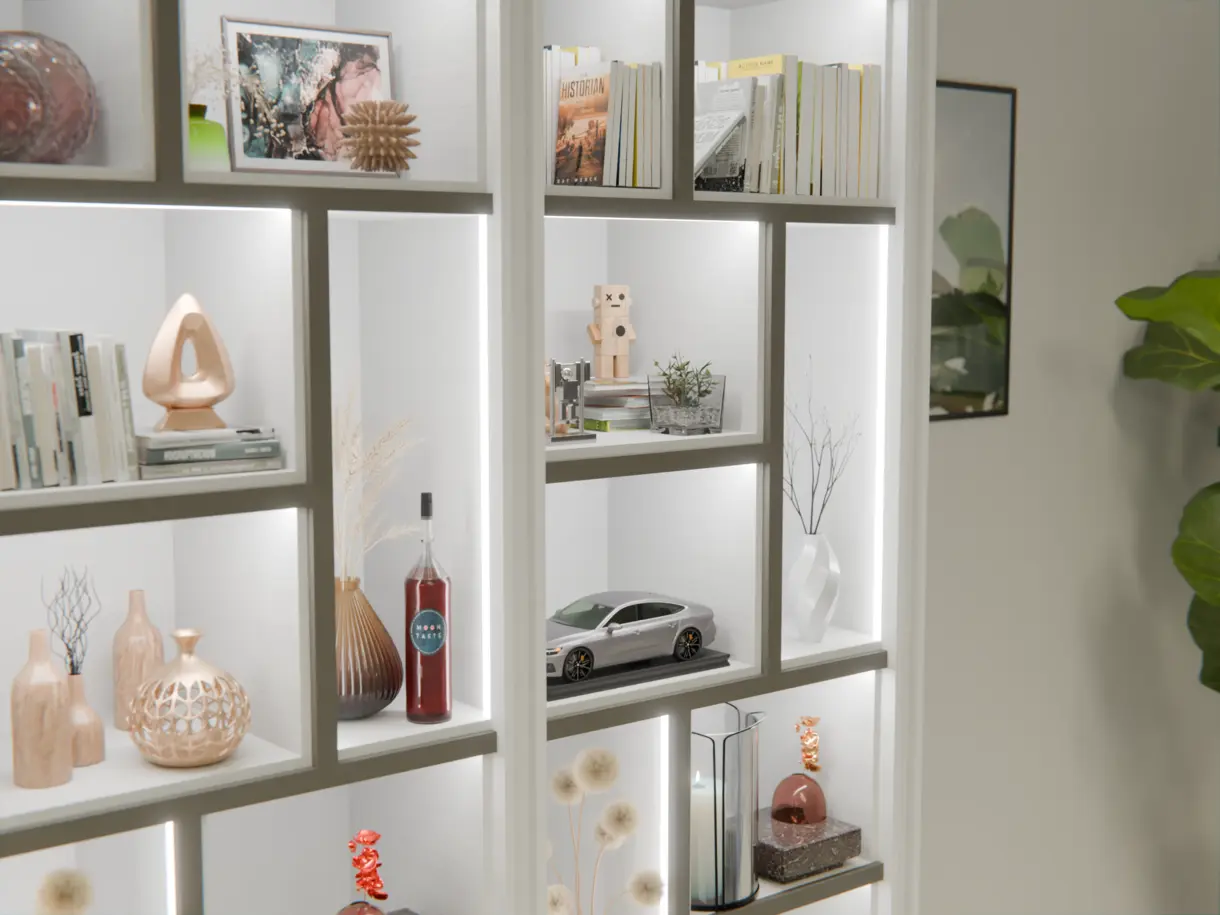 Einsatz der LED-Lichtleiste TITA L im Designerregal für den Möbelbau – hochwertige Lichtlösung von DWD Concepts