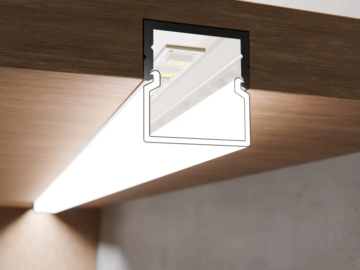 Einbausituation der LED-Lichtleiste CALLU L – eingelassen im Holzfachboden – dezente Lichtintegration von DWD Concepts