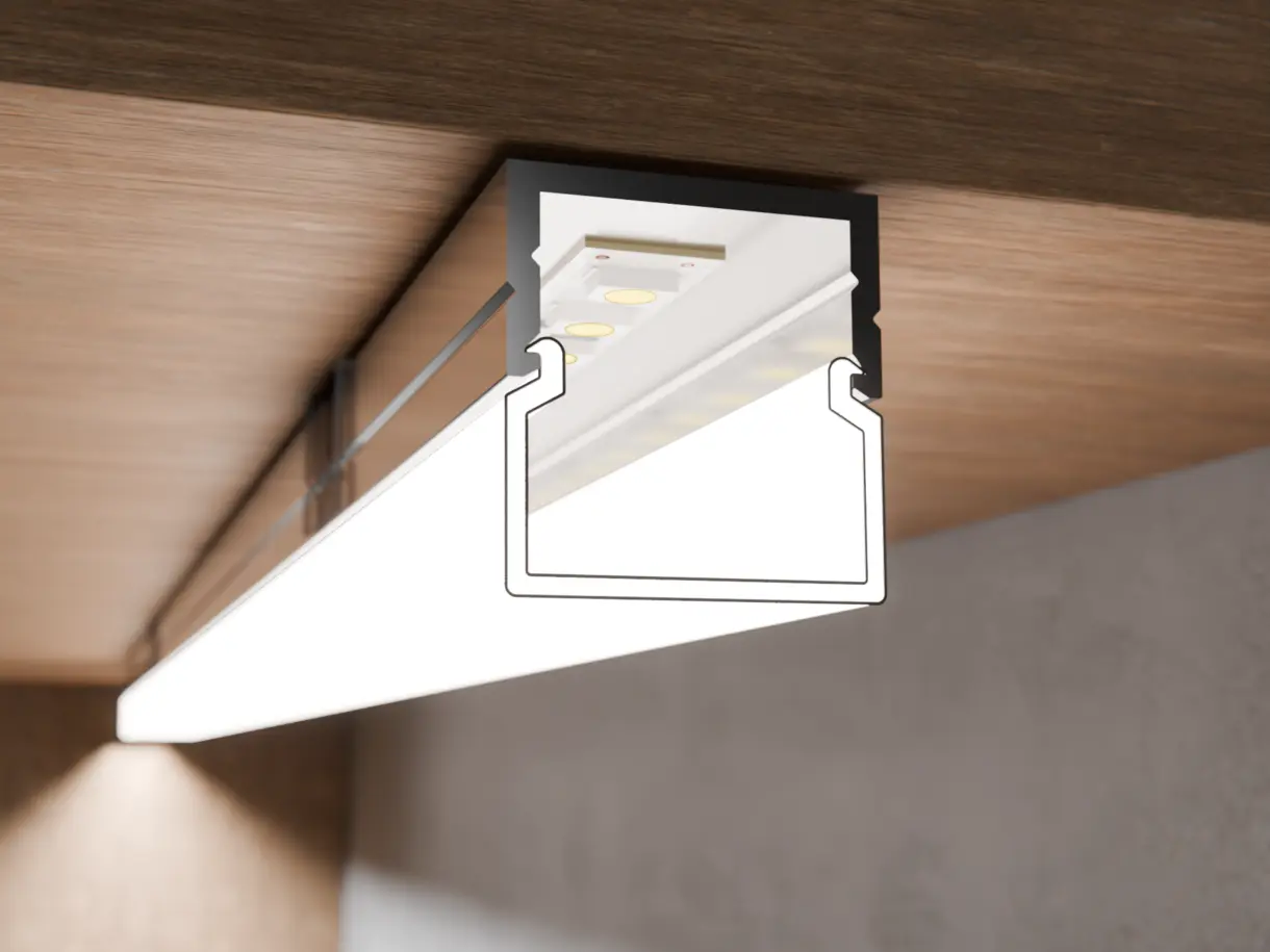 LED-Lichtleiste CALLU L in Unterbaumontage am Holzfachboden – effiziente Lichtlösung von DWD Concepts