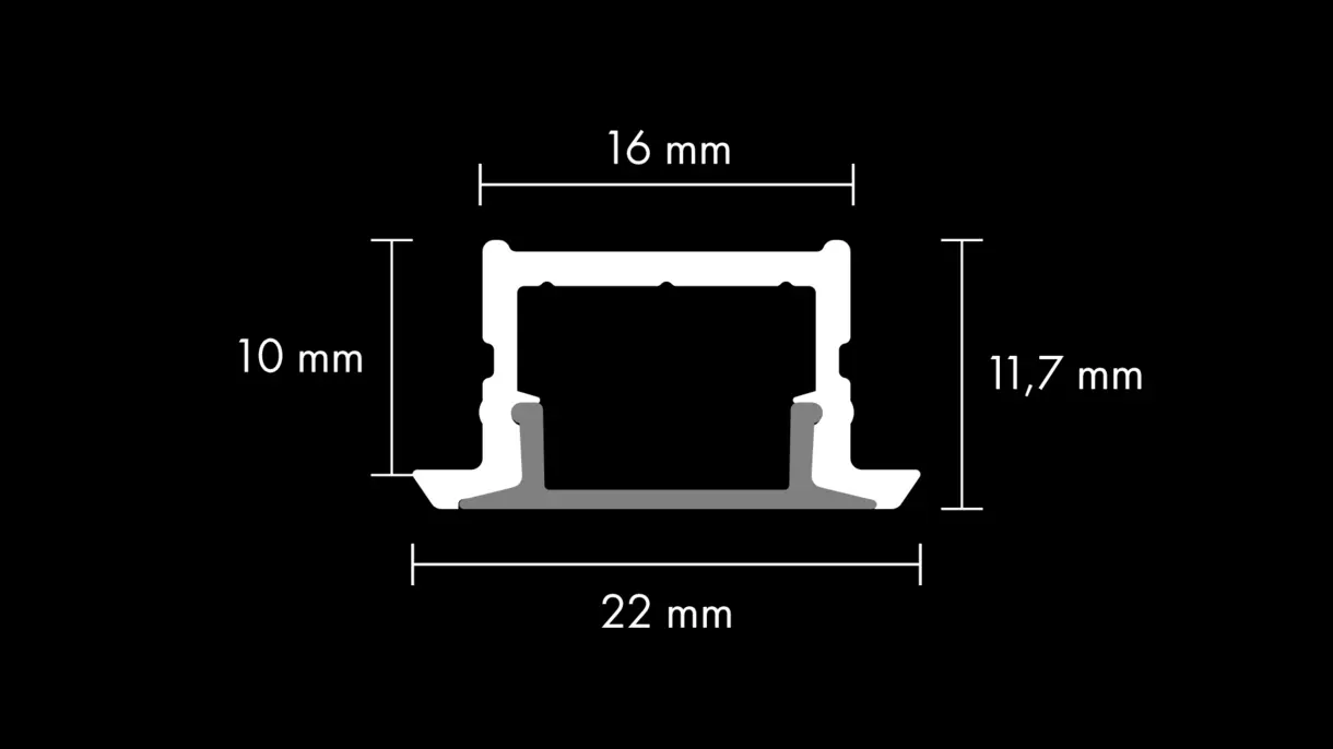 Querschnittszeichnung der LED-Lichtleiste COLLUDO D mit Diffusor und Abmessungen – technische Darstellung von DWD Concepts