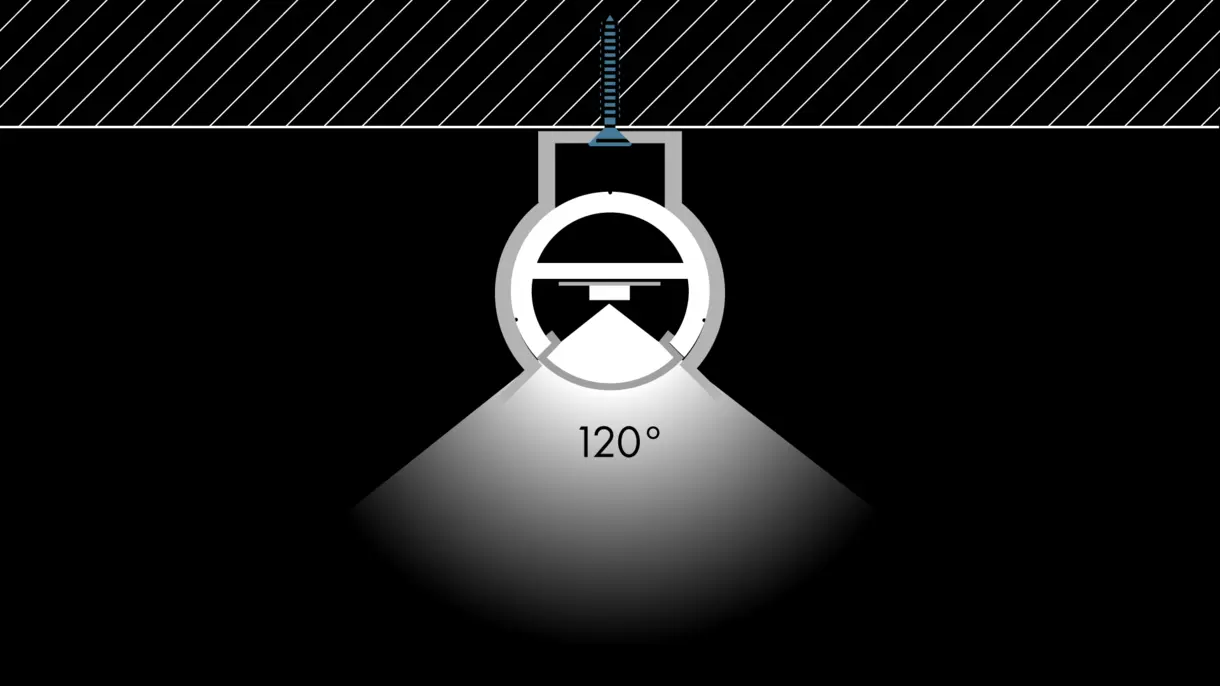 Querschnittszeichnung der LED-Lichtleiste GALLERY mit verschraubter Montage und Federstahlclip – stabile Lichtlösung von DWD Concepts