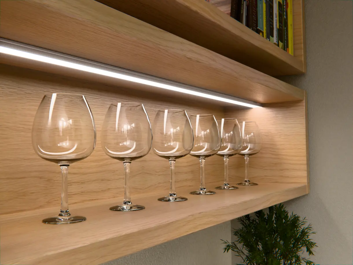 Einsatz der LED-Lichtleiste PLANUS im Wohnzimmerregal – hochwertige Möbelbeleuchtung von DWD Concepts
