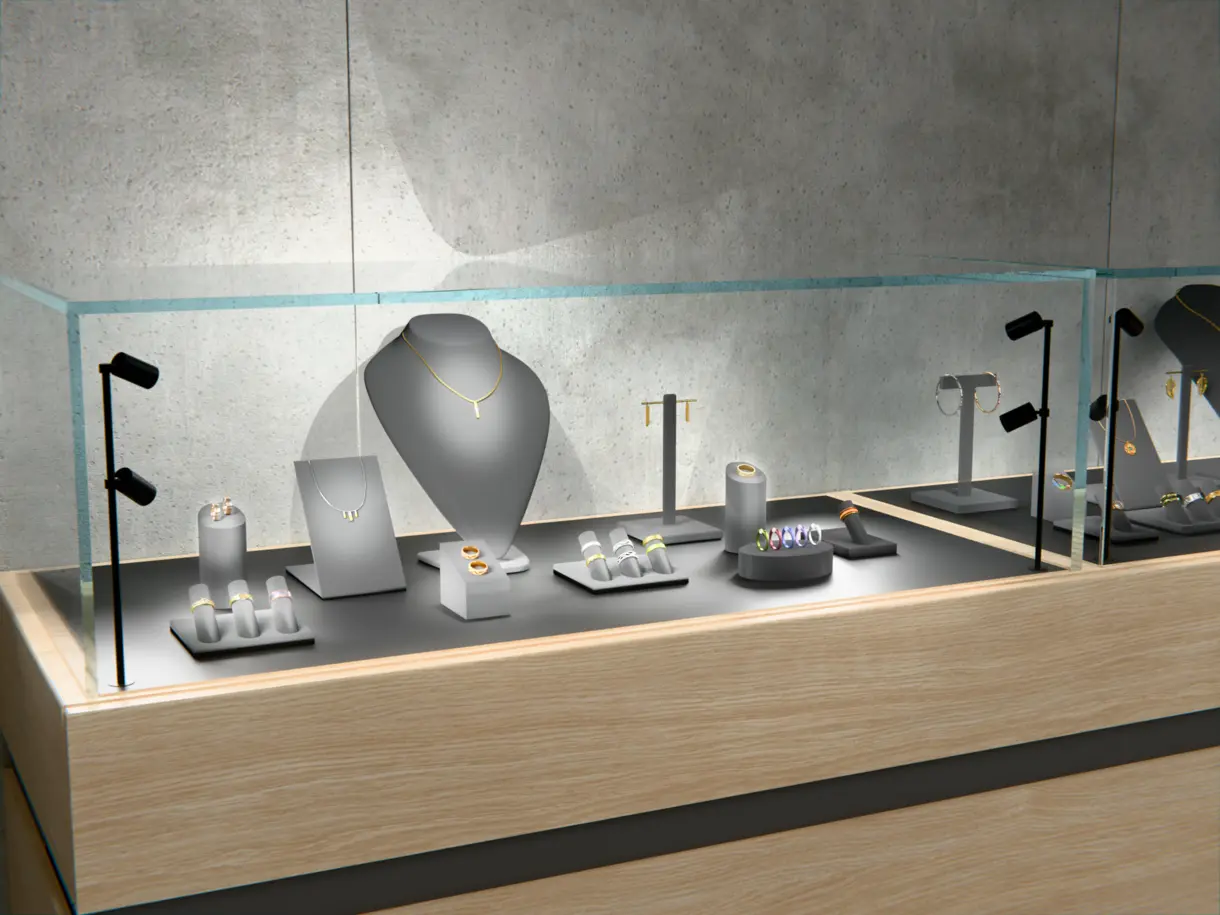 INIW Linda Vitrinenbeleuchtung mit aufgeständerten Spots für die Schmuckbeleuchtung