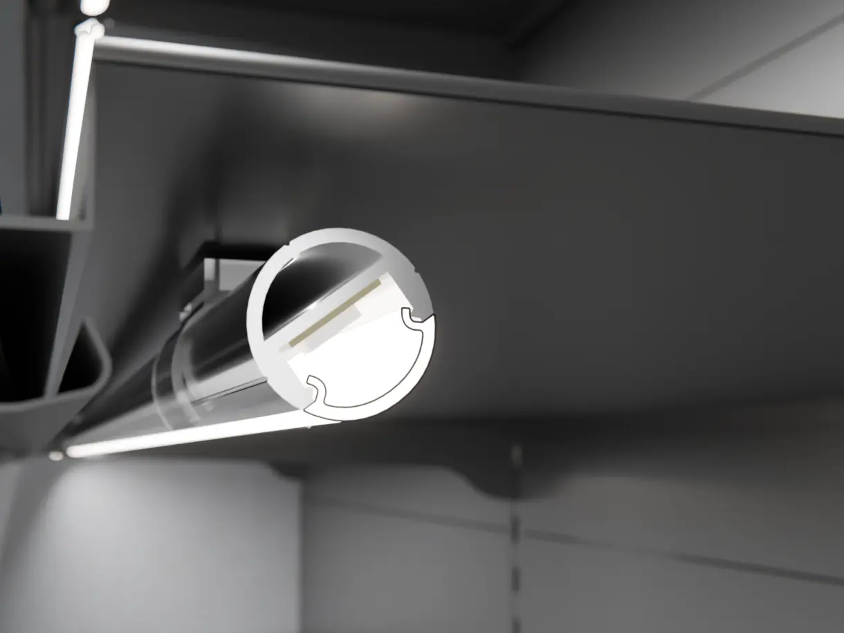 Montagesituation der LED-Lichtleiste GALLERY am Metallregal – effiziente Regalbeleuchtung von DWD Concepts