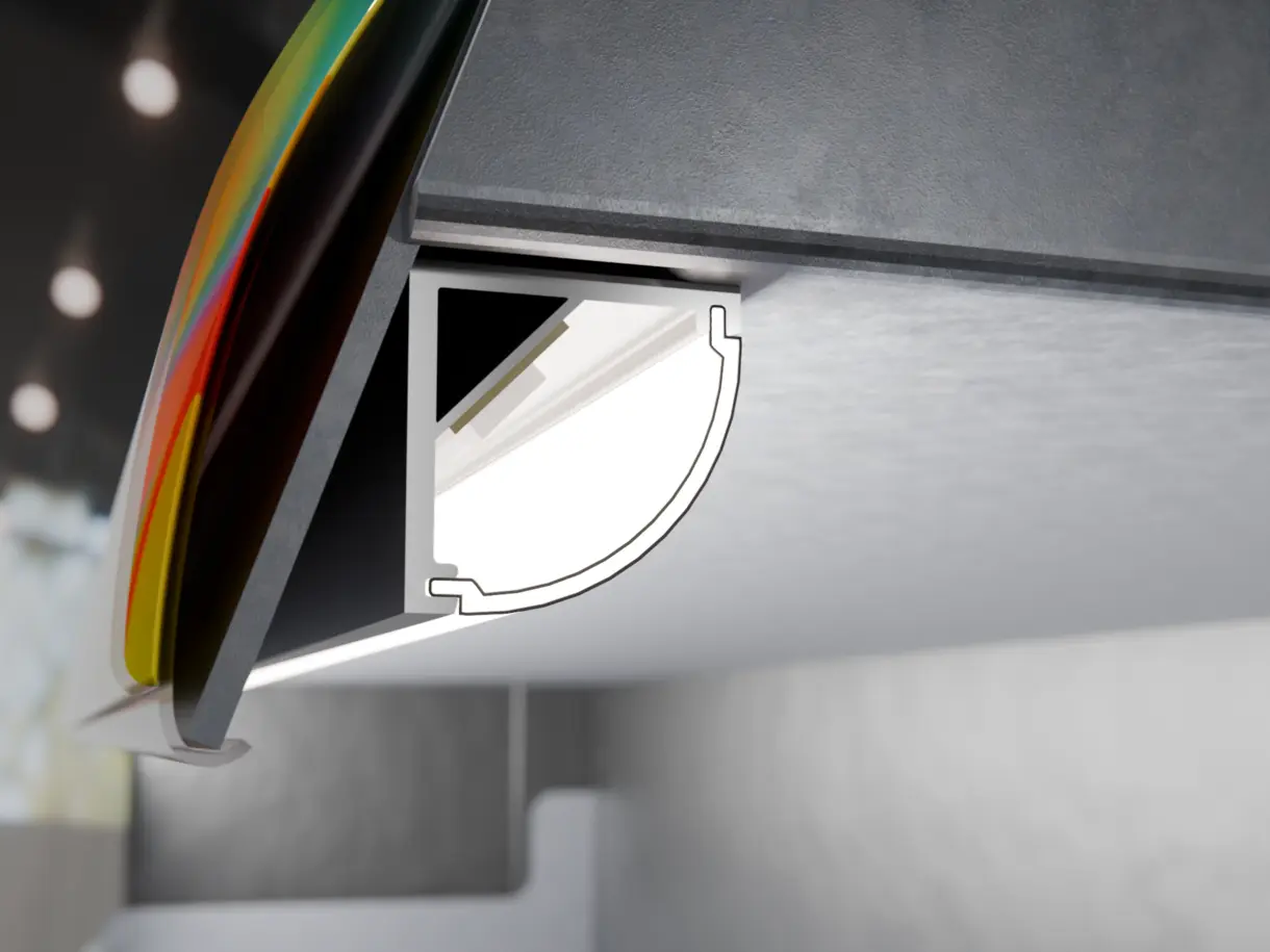 Eckprofilleuchte TITA im Metallregalfachboden – präzise LED-Regalbeleuchtung von DWD Concepts