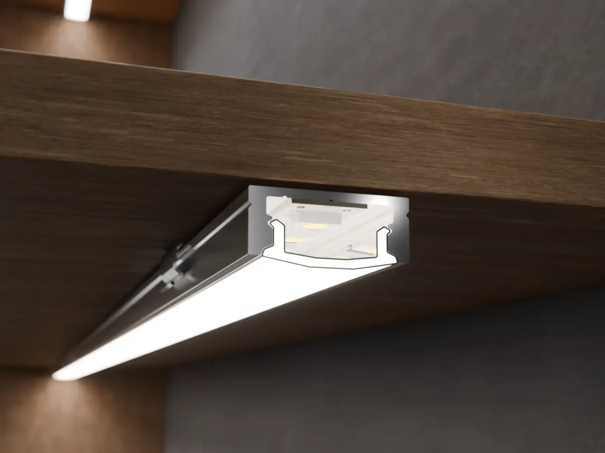 LED-Lichtleiste CALLU in Unterbodenmontage am Holzfachboden – effiziente Beleuchtungslösung von DWD Concepts