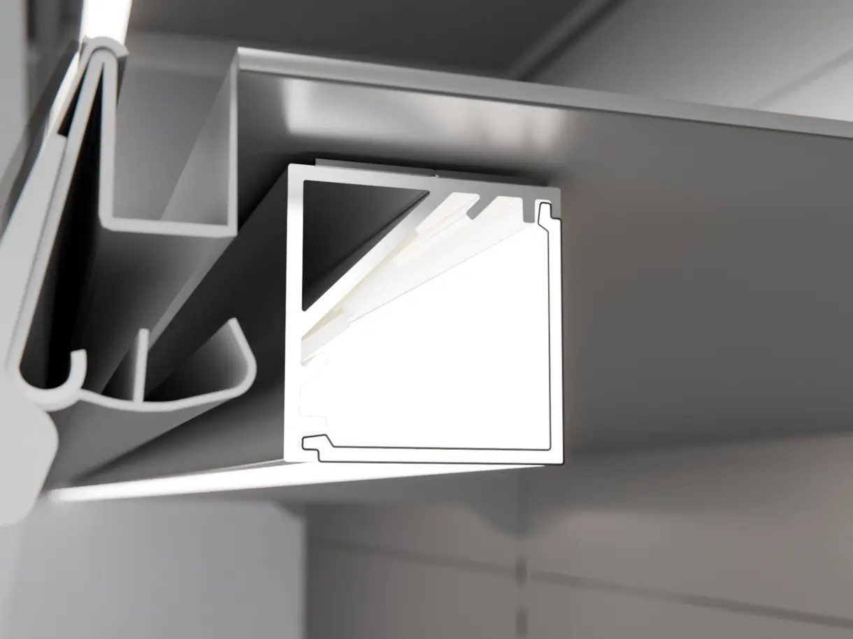 LED-Lichtleiste TITA L als Eckprofil in Unterbaumontage am vorderen Teil eines Metallfachbodens – moderne Beleuchtungslösung von DWD Concepts