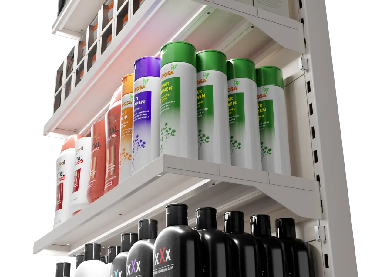 Einsatz der LED-Lichtleiste GALLERY im Verkaufsregal einer Drogeriekette mit Pflegeprodukten – effiziente Produktbeleuchtung von DWD Concepts
